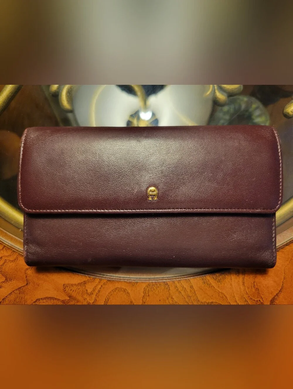 Vintage Authentic Etienne Aigner Burgundy Leather Wallet/Clutch, Goldtone Logo